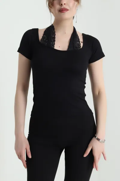 Siyah Dantelli Viskon Kadın Bluz 453106