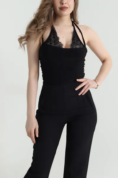 Siyah Dantelli Yaka Sandy Kadın Zıbın Bluz 463353