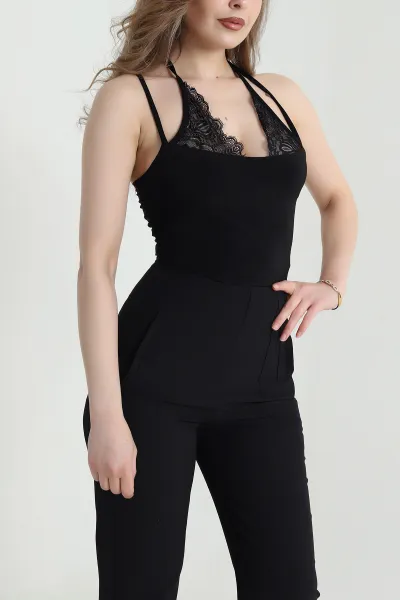 Siyah Dantelli Yaka Sandy Kadın Zıbın Bluz 463353