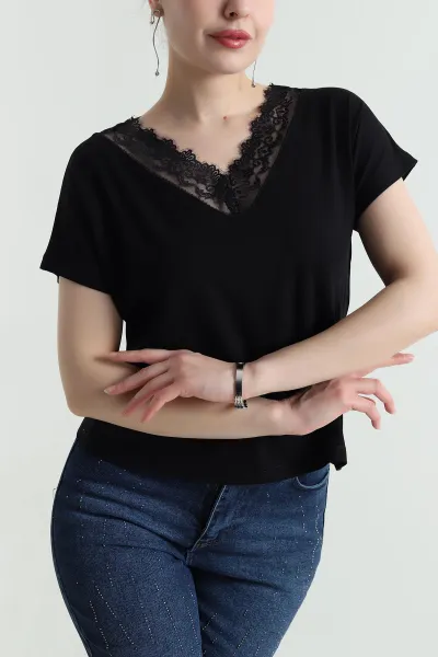Siyah Dantelli Yaka Viskon Kadın Bluz 454383
