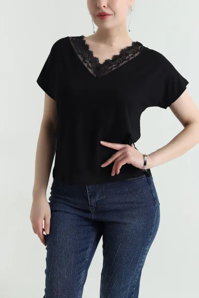 Siyah Dantelli Yaka Viskon Kadın Bluz 454383