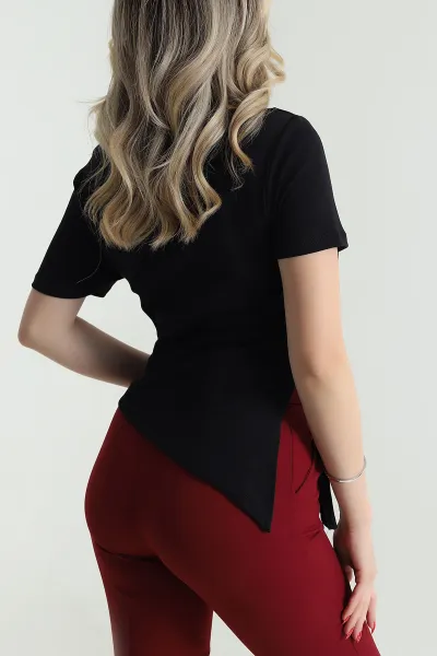 Siyah Degaje Yaka Büzgülü Yırtmaçlı Bluz 481562