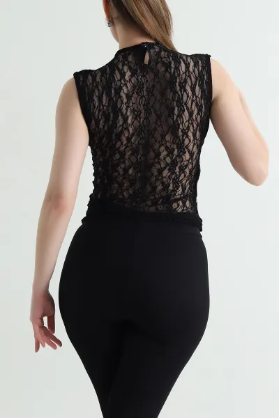 Siyah Dejaje Yaka Dantelli Tül Bluz 448970