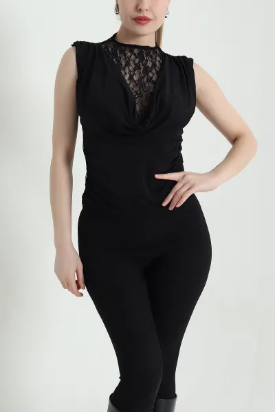 Siyah Dejaje Yaka Dantelli Tül Bluz 448970