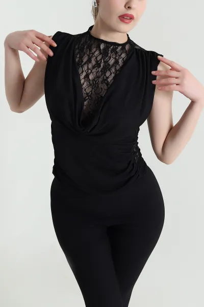 Siyah Dejaje Yaka Dantelli Tül Bluz 448970