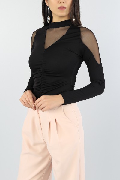 Siyah Dekolte Yaka Tül Bluz 55276