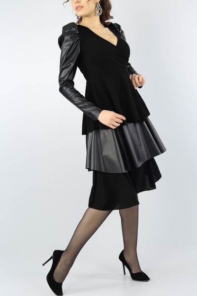 Siyah Deri Katlı Triko Elbise 53075