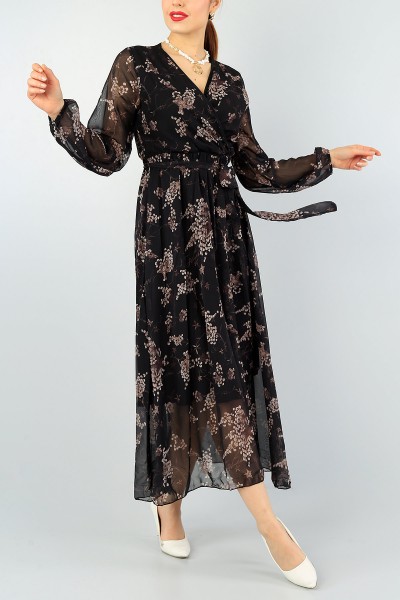 Siyah Desenli Astarlı Şifon Elbise 57701