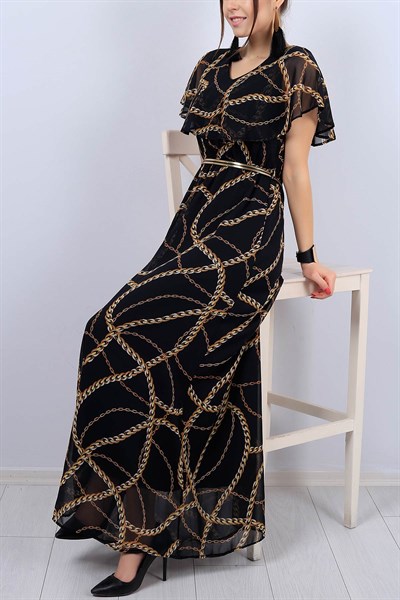 Siyah Desenli Bayan Kemerli Elbise 12337B