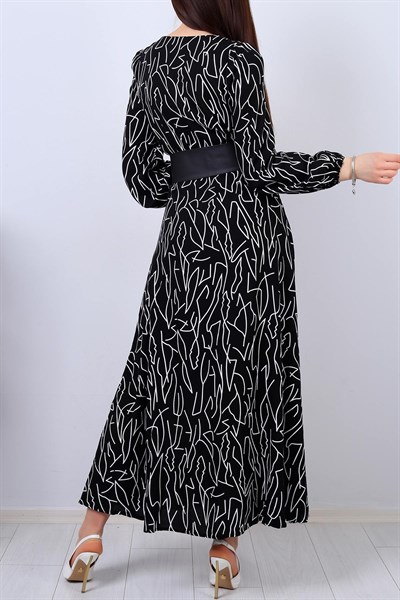 Siyah Desenli Boydan Düğmeli Elbise 13628B