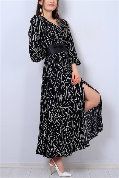Siyah Desenli Boydan Düğmeli Elbise 13628B