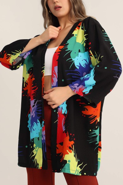 Siyah Desenli Dokuma Viskon Kimono 173404