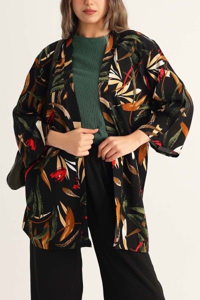 Siyah Desenli Dokuma Viskon Kimono 173413