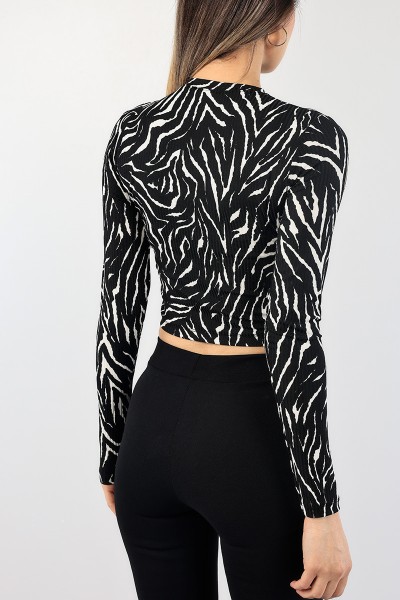 Siyah Desenli Fitilli Crop Bluz 88751