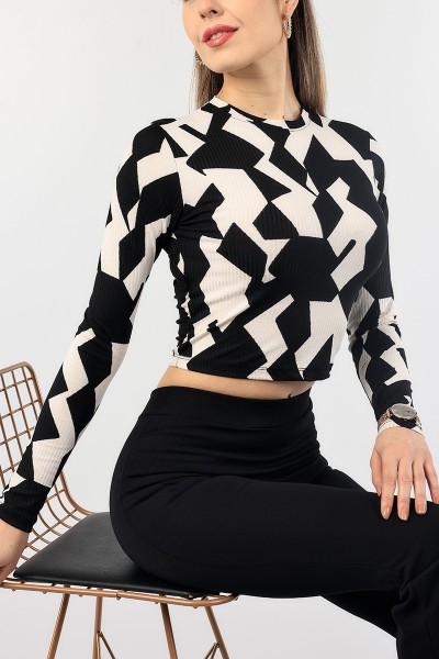 Siyah Desenli Fitilli Crop Bluz 88752