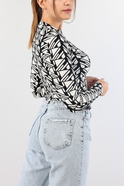 Siyah Desenli Fitilli Crop Bluz 88753