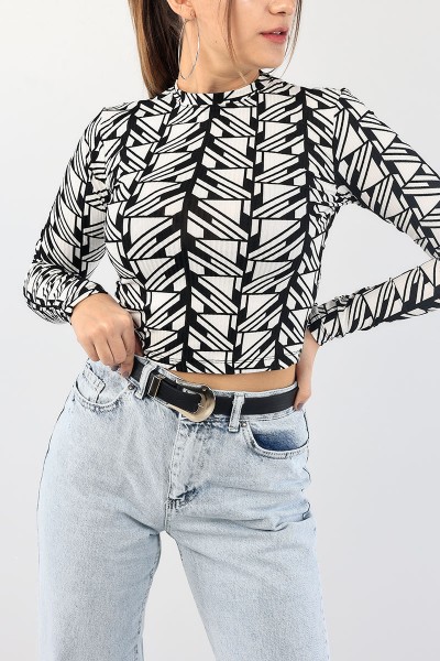 Siyah Desenli Fitilli Crop Bluz 88753