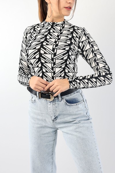 Siyah Desenli Fitilli Crop Bluz 88753