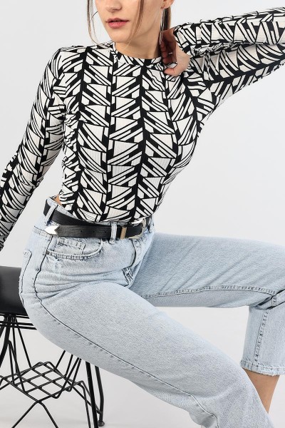 Siyah Desenli Fitilli Crop Bluz 88753