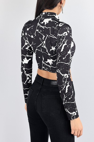 Siyah Desenli Likralı Crop Bluz 87593