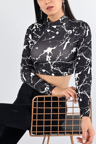 Siyah Desenli Likralı Crop Bluz 87593