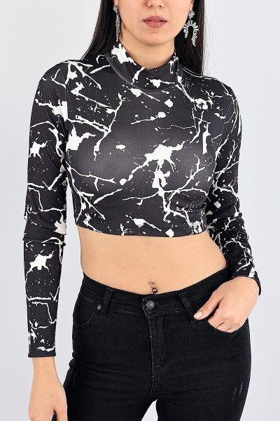 Siyah Desenli Likralı Crop Bluz 87593