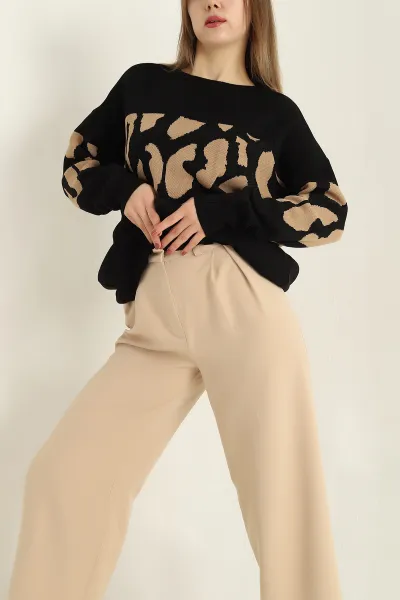 Siyah Desenli Oversize Bayan Triko Kazak 322304