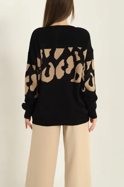 Siyah Desenli Oversize Bayan Triko Kazak 322304