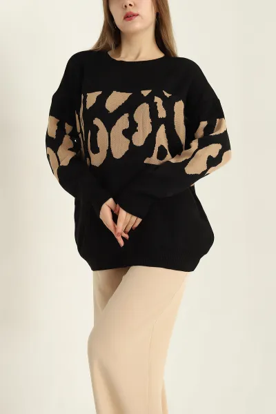 Siyah Desenli Oversize Bayan Triko Kazak 322304