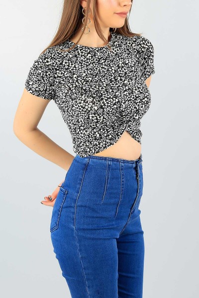 Siyah Desenli Tasarım Crop Bluz 59210