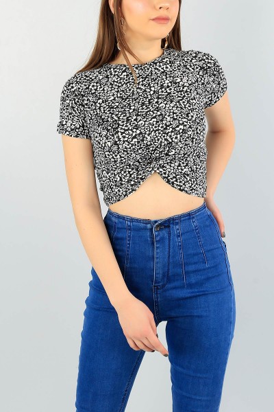 Siyah Desenli Tasarım Crop Bluz 59210
