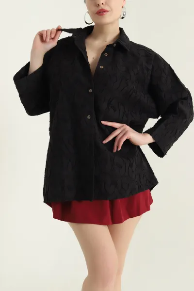 Siyah Desenli Yakma Reglan Kol Kadın Gömlek 431580
