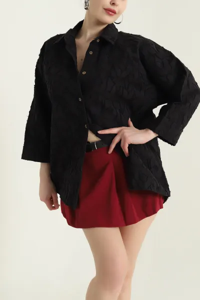Siyah Desenli Yakma Reglan Kol Kadın Gömlek 431580
