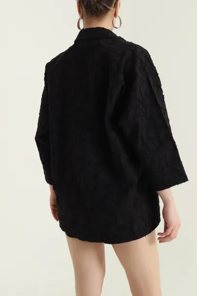 Siyah Desenli Yakma Reglan Kol Kadın Gömlek 431580