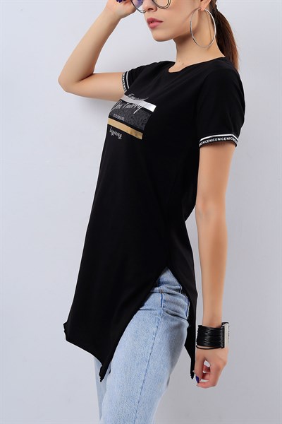 Siyah Desenli Yırtmaç Detay Bayan Tişört 16230B