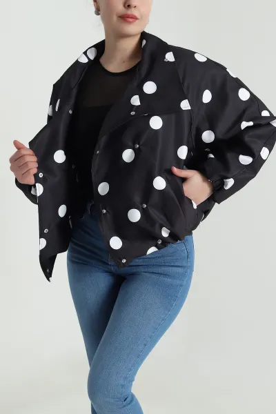 Siyah Diagonel Puantiyeli Bomber Kadın Ceket 493812