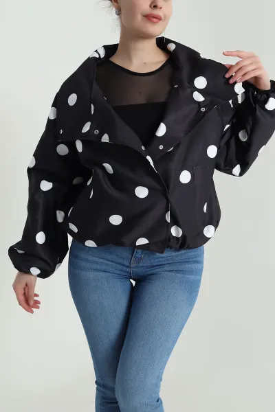 Siyah Diagonel Puantiyeli Bomber Kadın Ceket 493812