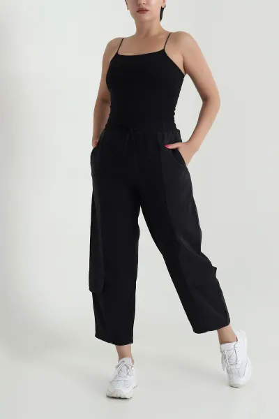 Siyah Diagonel Tencel Kadın Kargo Pantolon 475767