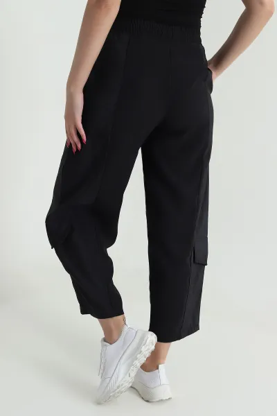 Siyah Diagonel Tencel Kadın Kargo Pantolon 475767