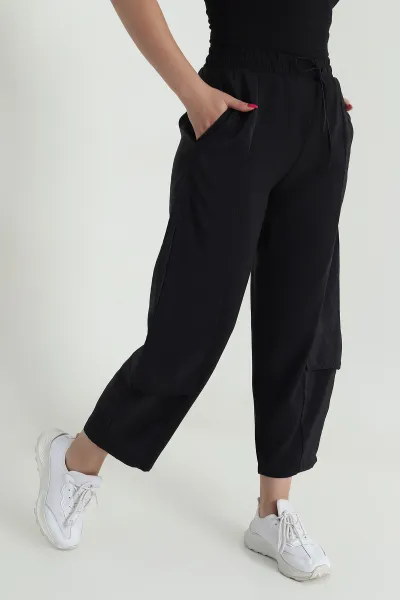 Siyah Diagonel Tencel Kadın Kargo Pantolon 475767