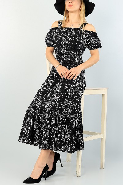 siyah-dokuma-beli-lastikli-elbise-66025