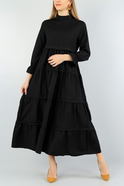 Siyah Dokuma Güpür Tasarımlı Elbise 57794