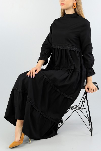 Siyah Dokuma Güpür Tasarımlı Elbise 57794