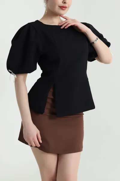 Siyah Double Kumaş Balon Kol Kadın Bluz 455908