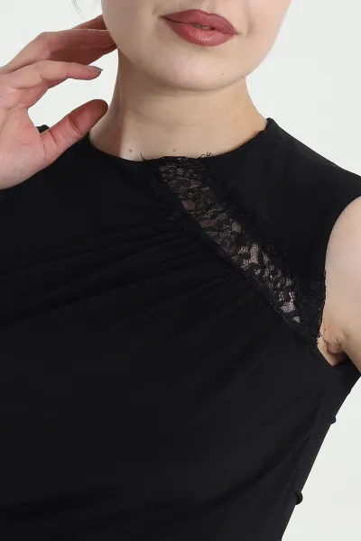 Siyah Drapeli Dantelli Sandy Kadın Bluz 452999