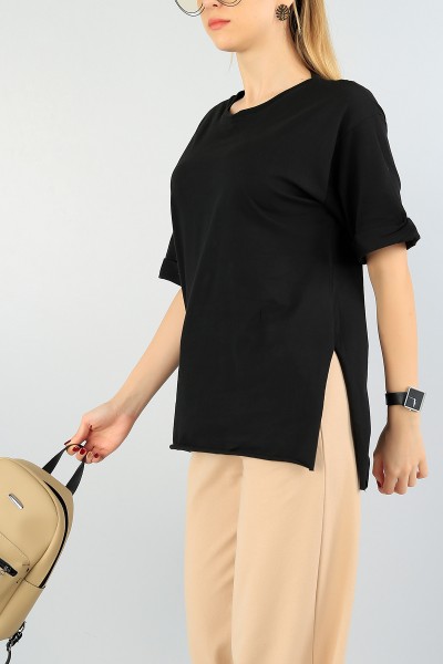 Siyah Duble Kol Bayan Yırtmaçlı Tişört 59910