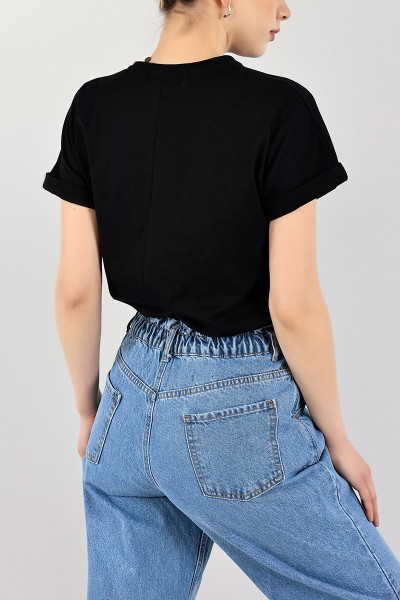 Siyah Duble Kol Beli Lastikli Tişört 103040