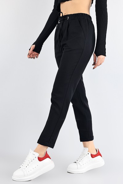 Siyah Duble Paça Beli Lastikli Pantolon 87644