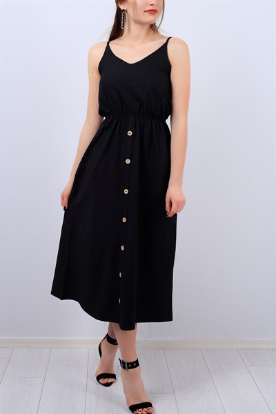Siyah Düğme Detay Askılı Bayan Elbise 13134B