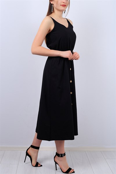 Siyah Düğme Detay Askılı Bayan Elbise 13134B